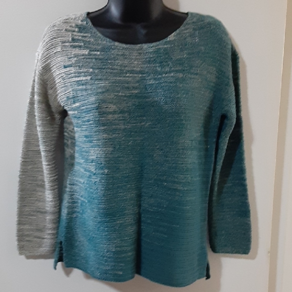 NIC + ZOE Teal Silver Metallic Ombré Knit Sweater Small Linen Blend
